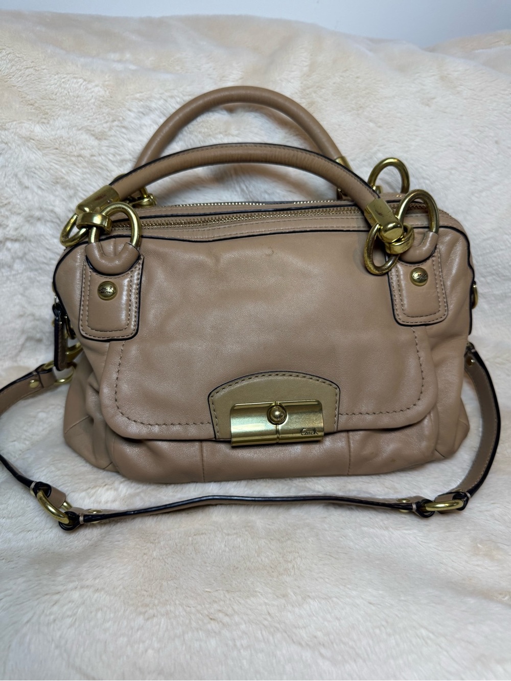Coach Beige Leather Satchel with Gold Hardware from Kirstin Collection